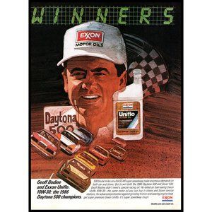 1986 Exxon Uniflo Motor Oil Vintage Print Ad Geoff Bodine NASCAR Daytona 500 Art